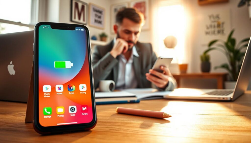 A beginner-friendly guide to freeing up phone storage, featuring a well-organized digital workspace. In the foreground, a close-up of a smartphone displaying an intuitive interface with a vibrant battery icon and colorful app icons, surrounded by common tech accessories, such as a laptop and notepad. In the middle ground, a thoughtful individual, dressed in smart casual attire, sits at a desk, analyzing their phone, with light streaming in from a nearby window, creating a warm, inviting atmosphere. The background features a cozy office environment with inspirational posters and a plant, enhancing the focus on the subject and task at hand. The overall mood is motivational and encouraging, encouraging users to take simple steps for better phone management. A beginner-friendly guide to freeing up phone storage, featuring a well-organized digital workspace. In the foreground, a close-up of a smartphone displaying an intuitive interface with a vibrant battery icon and colorful app icons, surrounded by common tech accessories, such as a laptop and notepad. In the middle ground, a thoughtful individual, dressed in smart casual attire, sits at a desk, analyzing their phone, with light streaming in from a nearby window, creating a warm, inviting atmosphere. The background features a cozy office environment with inspirational posters and a plant, enhancing the focus on the subject and task at hand. The overall mood is motivational and encouraging, encouraging users to take simple steps for better phone management.