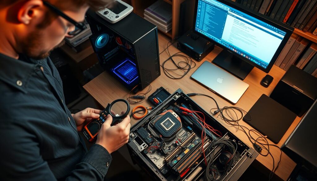 A close-up of a computer workstation showcasing diagnostic tools for hardware troubleshooting. In the foreground, a technician in smart casual attire is examining a disassembled computer with a multimeter and a magnifying glass. The middle ground features an open toolbox filled with various tools like screwdrivers and pliers, alongside a monitor displaying system diagnostic software. The background includes a cluttered desk with wires, a laptop, and a bookshelf filled with technical manuals. The lighting is soft yet focused, creating a warm and productive atmosphere, with shadows highlighting the intricate details of the hardware components. The angle offers a dynamic view from above, emphasizing the technician’s focused expression as they analyze the situation. A close-up of a computer workstation showcasing diagnostic tools for hardware troubleshooting. In the foreground, a technician in smart casual attire is examining a disassembled computer with a multimeter and a magnifying glass. The middle ground features an open toolbox filled with various tools like screwdrivers and pliers, alongside a monitor displaying system diagnostic software. The background includes a cluttered desk with wires, a laptop, and a bookshelf filled with technical manuals. The lighting is soft yet focused, creating a warm and productive atmosphere, with shadows highlighting the intricate details of the hardware components. The angle offers a dynamic view from above, emphasizing the technician’s focused expression as they analyze the situation.