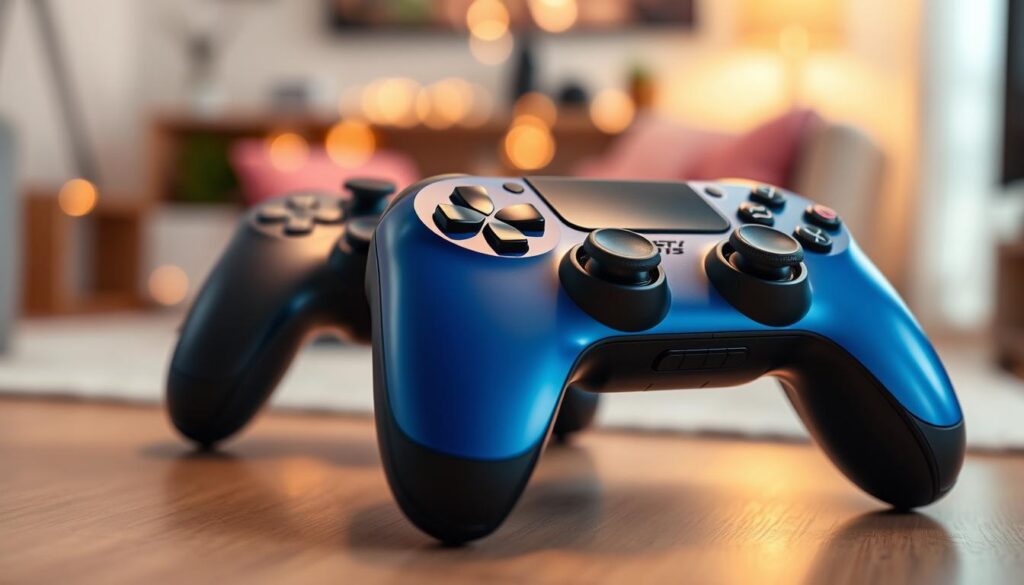 A close-up of a modern gaming controller designed for long sessions, featuring ergonomic grips and customizable buttons. The controller is displayed prominently in the foreground, showcasing its sleek design and unique color scheme, perhaps in a vibrant blue and black finish. In the middle ground, soft ambient lighting casts gentle reflections on the controller's glossy surface, hinting at its advanced connectivity options, like wireless capabilities and customizable profiles for various game genres. The background is softly blurred with hints of a cozy, well-lit gaming room, emphasizing a relaxed atmosphere. The overall mood exudes comfort and innovation, making it clear that this is the ultimate controller for avid gamers seeking long-lasting performance. A close-up of a modern gaming controller designed for long sessions, featuring ergonomic grips and customizable buttons. The controller is displayed prominently in the foreground, showcasing its sleek design and unique color scheme, perhaps in a vibrant blue and black finish. In the middle ground, soft ambient lighting casts gentle reflections on the controller's glossy surface, hinting at its advanced connectivity options, like wireless capabilities and customizable profiles for various game genres. The background is softly blurred with hints of a cozy, well-lit gaming room, emphasizing a relaxed atmosphere. The overall mood exudes comfort and innovation, making it clear that this is the ultimate controller for avid gamers seeking long-lasting performance.