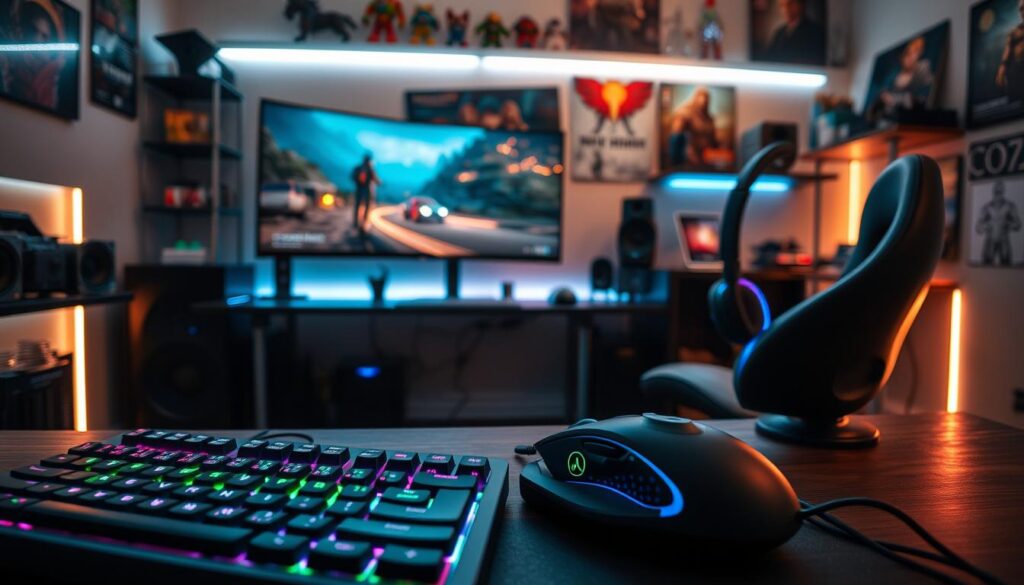 A cozy gaming room setup, showcasing an array of gaming accessories that enhance the online gaming experience. In the foreground, a sleek gaming keyboard with customizable RGB lighting, a high-precision gaming mouse with ergonomic design, and a comfortable gaming headset with padded ear cups. In the middle, a spacious desk featuring a large curved monitor displaying an immersive game scene, surrounded by ambient LED strip lights casting a soft glow. In the background, shelves lined with various gaming collectibles and posters of popular games, creating an engaging atmosphere. The lighting is dim yet inviting, emphasizing the vibrant colors of the accessories and computer setup, with a close-up angle that highlights the intricate details of the equipment, creating a focused and energetic mood ideal for gaming enthusiasts. A cozy gaming room setup, showcasing an array of gaming accessories that enhance the online gaming experience. In the foreground, a sleek gaming keyboard with customizable RGB lighting, a high-precision gaming mouse with ergonomic design, and a comfortable gaming headset with padded ear cups. In the middle, a spacious desk featuring a large curved monitor displaying an immersive game scene, surrounded by ambient LED strip lights casting a soft glow. In the background, shelves lined with various gaming collectibles and posters of popular games, creating an engaging atmosphere. The lighting is dim yet inviting, emphasizing the vibrant colors of the accessories and computer setup, with a close-up angle that highlights the intricate details of the equipment, creating a focused and energetic mood ideal for gaming enthusiasts.