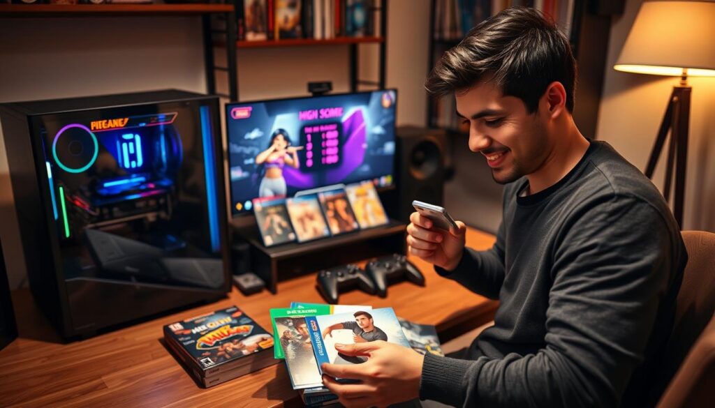 A cozy home gaming setup featuring a sleek gaming PC and a modern gaming console on a stylish desk. In the foreground, a friendly individual in casual attire examines game boxes with a look of contemplation, ensuring their safety and enjoyment. In the middle, colorful game art and accessories are neatly arranged around a computer monitor displaying high scores, alongside a console controller. The background features a comfortable chair, shelves filled with games, and warm ambient lighting from a desk lamp. Soft shadows create a relaxed atmosphere, conveying a sense of security in the gaming experience. The scene is framed from a slightly elevated angle, capturing the essence of safe and responsible gaming. A cozy home gaming setup featuring a sleek gaming PC and a modern gaming console on a stylish desk. In the foreground, a friendly individual in casual attire examines game boxes with a look of contemplation, ensuring their safety and enjoyment. In the middle, colorful game art and accessories are neatly arranged around a computer monitor displaying high scores, alongside a console controller. The background features a comfortable chair, shelves filled with games, and warm ambient lighting from a desk lamp. Soft shadows create a relaxed atmosphere, conveying a sense of security in the gaming experience. The scene is framed from a slightly elevated angle, capturing the essence of safe and responsible gaming.