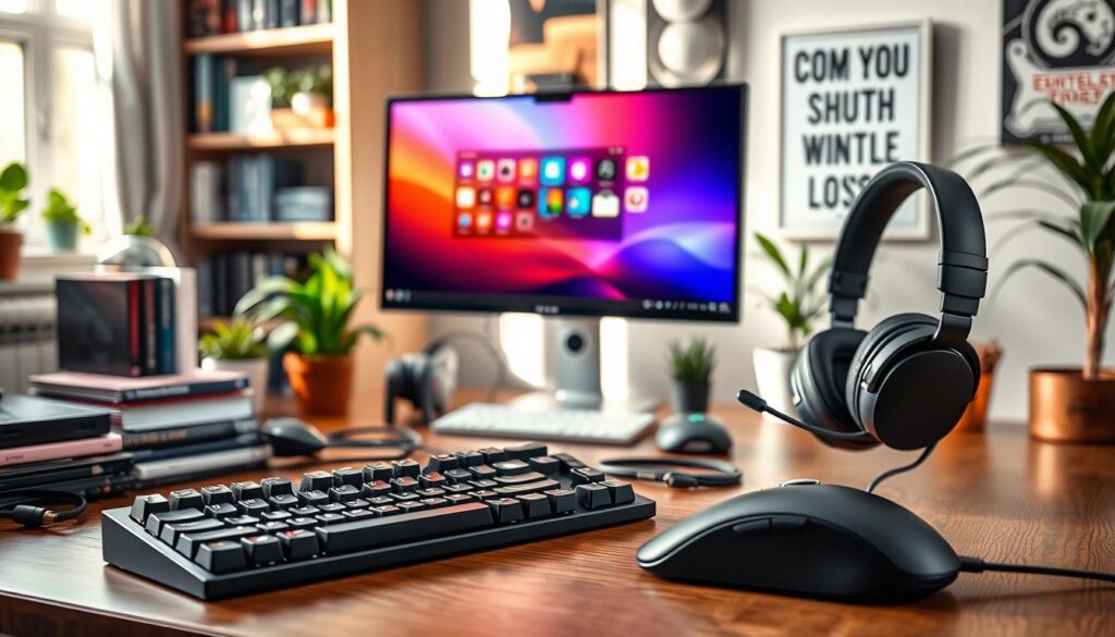 A cozy, well-lit workspace with a stylish desk featuring a variety of computer accessories. In the foreground, a sleek mechanical keyboard and an ergonomic mouse sit beside a high-quality headset, showcasing modern design and functionality. In the middle, a vibrant monitor displays a colorful interface, indicating productivity and tech-savviness. The background features a soft-focus bookshelf with tech books, plants, and a motivational poster, creating an inviting atmosphere. Gentle sunlight filters through a window, casting warm light across the scene, highlighting the textures of the accessories. The overall mood is encouraging and professional, inspiring readers to consider their own computer setups and the accessories that can enhance their experience. A cozy, well-lit workspace with a stylish desk featuring a variety of computer accessories. In the foreground, a sleek mechanical keyboard and an ergonomic mouse sit beside a high-quality headset, showcasing modern design and functionality. In the middle, a vibrant monitor displays a colorful interface, indicating productivity and tech-savviness. The background features a soft-focus bookshelf with tech books, plants, and a motivational poster, creating an inviting atmosphere. Gentle sunlight filters through a window, casting warm light across the scene, highlighting the textures of the accessories. The overall mood is encouraging and professional, inspiring readers to consider their own computer setups and the accessories that can enhance their experience.
