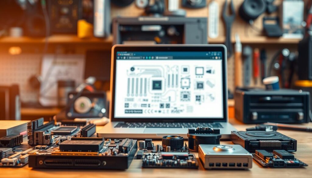A detailed illustration showcasing various types of computer hardware, focusing on components like a motherboard, CPU, RAM, hard drive, and graphics card. The foreground features these components arranged neatly on a workbench, subtly lit by a soft, warm light to emphasize textures and details. In the middle ground, an open laptop displaying a schematic of a computer, with icons representing different hardware components. The background includes a blurred workshop setting, with tools and additional hardware items, creating a professional atmosphere. The overall mood is informative and engaging, inviting viewers to learn about computer hardware. The image should be crisp and well-composed, captured from a slight overhead angle. A detailed illustration showcasing various types of computer hardware, focusing on components like a motherboard, CPU, RAM, hard drive, and graphics card. The foreground features these components arranged neatly on a workbench, subtly lit by a soft, warm light to emphasize textures and details. In the middle ground, an open laptop displaying a schematic of a computer, with icons representing different hardware components. The background includes a blurred workshop setting, with tools and additional hardware items, creating a professional atmosphere. The overall mood is informative and engaging, inviting viewers to learn about computer hardware. The image should be crisp and well-composed, captured from a slight overhead angle.