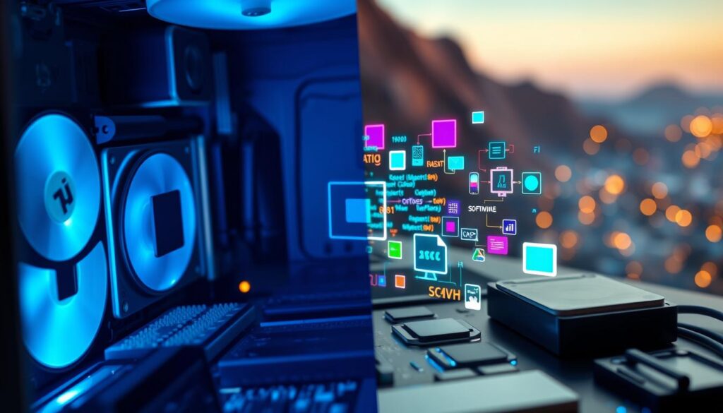 A detailed split-image illustration showing the differences between hardware and software. In the foreground, showcase a computer's internal hardware components, such as the motherboard, CPU, RAM, and hard drive, surrounded by a soft blue glow, emphasizing their physicality. In the middle ground, depict software elements like code snippets, application icons, and digital interfaces floating around, illuminated with vibrant colors to convey their intangible nature. The background should feature a blurred, abstract representation of a digital landscape, suggesting connectivity and functionality. Use natural lighting and a slight perspective tilt to create depth, aiming for a modern, tech-savvy atmosphere that clearly separates the two concepts while visually merging them in a cohesive way. A detailed split-image illustration showing the differences between hardware and software. In the foreground, showcase a computer's internal hardware components, such as the motherboard, CPU, RAM, and hard drive, surrounded by a soft blue glow, emphasizing their physicality. In the middle ground, depict software elements like code snippets, application icons, and digital interfaces floating around, illuminated with vibrant colors to convey their intangible nature. The background should feature a blurred, abstract representation of a digital landscape, suggesting connectivity and functionality. Use natural lighting and a slight perspective tilt to create depth, aiming for a modern, tech-savvy atmosphere that clearly separates the two concepts while visually merging them in a cohesive way.
