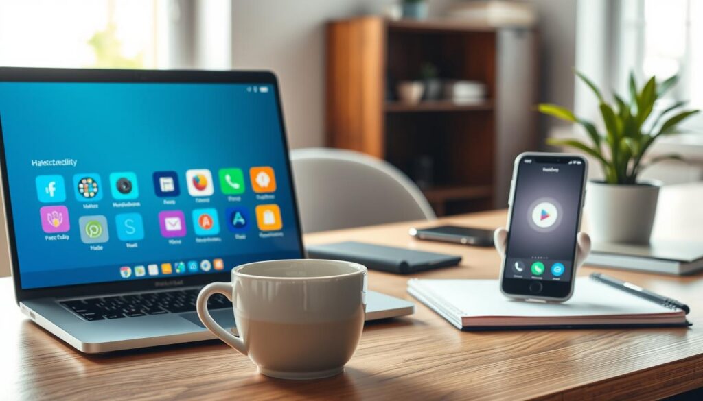 A digitally created workspace featuring innovative and practical applications for saving time in daily tasks. In the foreground, a sleek laptop displays colorful app icons representing productivity, scheduling, and organization. A cup of steaming coffee beside the laptop suggests a cozy atmosphere. In the middle ground, a smart smartphone highlights a prominent productivity app on its screen. A stylish desk, clutter-free with a notepad and a plant, enhances the modern aesthetic. The background contains a softly blurred office setting with bright, natural light streaming through a window, creating a warm and inviting mood. The scene captures a perfect blend of technology and comfort, emphasizing efficiency and innovation in everyday life. A digitally created workspace featuring innovative and practical applications for saving time in daily tasks. In the foreground, a sleek laptop displays colorful app icons representing productivity, scheduling, and organization. A cup of steaming coffee beside the laptop suggests a cozy atmosphere. In the middle ground, a smart smartphone highlights a prominent productivity app on its screen. A stylish desk, clutter-free with a notepad and a plant, enhances the modern aesthetic. The background contains a softly blurred office setting with bright, natural light streaming through a window, creating a warm and inviting mood. The scene captures a perfect blend of technology and comfort, emphasizing efficiency and innovation in everyday life.