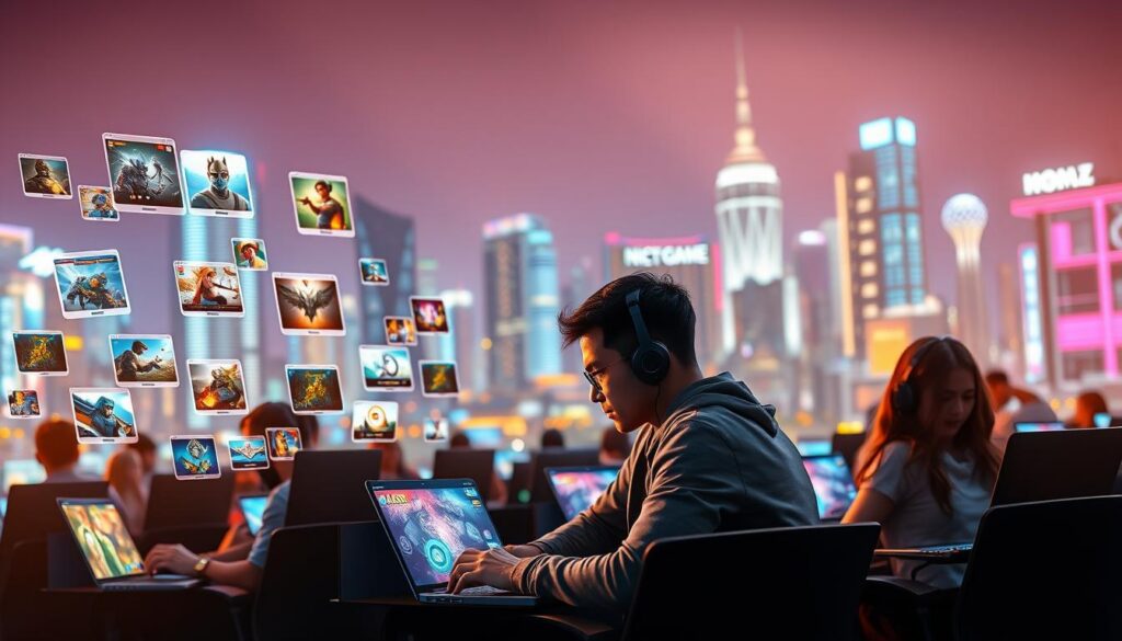 A dynamic digital scene showcasing the world of online gaming and browser platforms. In the foreground, a diverse group of gamers, including a man and a woman dressed in modern casual attire, are intently playing on sleek laptops, their screens displaying vibrant game graphics. The middle-ground features an array of colorful game icons and browser windows floating around them, symbolizing the vast variety of online games available. The background highlights a futuristic cityscape with neon lights reflecting the digital nature of gaming. Warm ambient lighting casts a welcoming glow, while a slight bokeh effect softens the city behind. The atmosphere is energetic and immersive, capturing the excitement of online gaming.