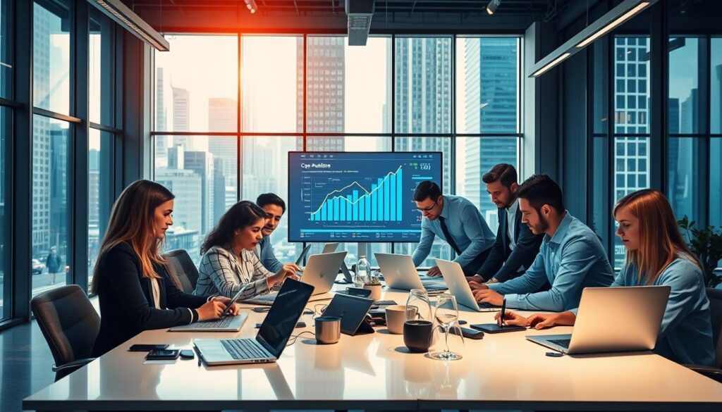 A dynamic office environment showcasing the impact of digital transformation in small businesses. In the foreground, a diverse group of professionals in business attire collaborates around a modern, sleek table filled with laptops and digital devices. The middle ground features digital screens displaying graphs and charts, illustrating successful automation and growth. In the background, large windows illuminate the space with natural light, revealing a bustling cityscape outside. The mood is vibrant and optimistic, reflecting innovation and teamwork. The composition should have a balanced perspective, with a slight angle emphasizing the collaboration and interaction among team members, creating an atmosphere of productivity and inspiration. A dynamic office environment showcasing the impact of digital transformation in small businesses. In the foreground, a diverse group of professionals in business attire collaborates around a modern, sleek table filled with laptops and digital devices. The middle ground features digital screens displaying graphs and charts, illustrating successful automation and growth. In the background, large windows illuminate the space with natural light, revealing a bustling cityscape outside. The mood is vibrant and optimistic, reflecting innovation and teamwork. The composition should have a balanced perspective, with a slight angle emphasizing the collaboration and interaction among team members, creating an atmosphere of productivity and inspiration.