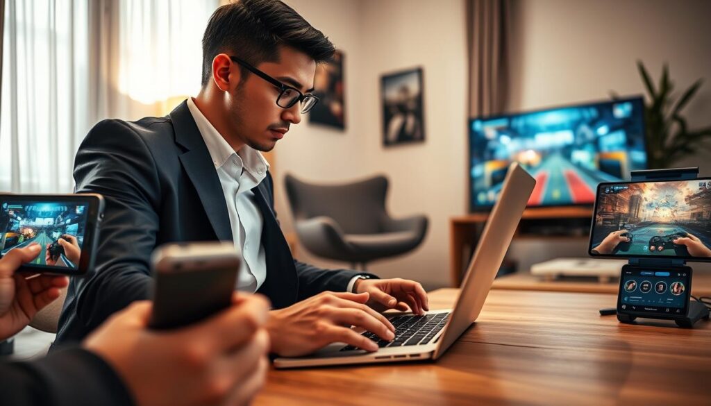 A dynamic scene showcasing the gaming experience across smartphones, tablets, and PCs. In the foreground, a person in professional business attire is intensely focused on a modern laptop, with vivid graphics displayed on the screen. To the left, a tablet shows a streaming game in action, while on the right, a smartphone displays an exciting multiplayer interface. The middle ground captures a cozy living room environment, with a stylish gaming chair and ambient lighting enhancing the atmosphere. In the background, soft natural light filters through a window, creating a warm and inviting mood. The overall composition conveys a sense of connectivity and immersion in a multi-device gaming experience. A dynamic scene showcasing the gaming experience across smartphones, tablets, and PCs. In the foreground, a person in professional business attire is intensely focused on a modern laptop, with vivid graphics displayed on the screen. To the left, a tablet shows a streaming game in action, while on the right, a smartphone displays an exciting multiplayer interface. The middle ground captures a cozy living room environment, with a stylish gaming chair and ambient lighting enhancing the atmosphere. In the background, soft natural light filters through a window, creating a warm and inviting mood. The overall composition conveys a sense of connectivity and immersion in a multi-device gaming experience.