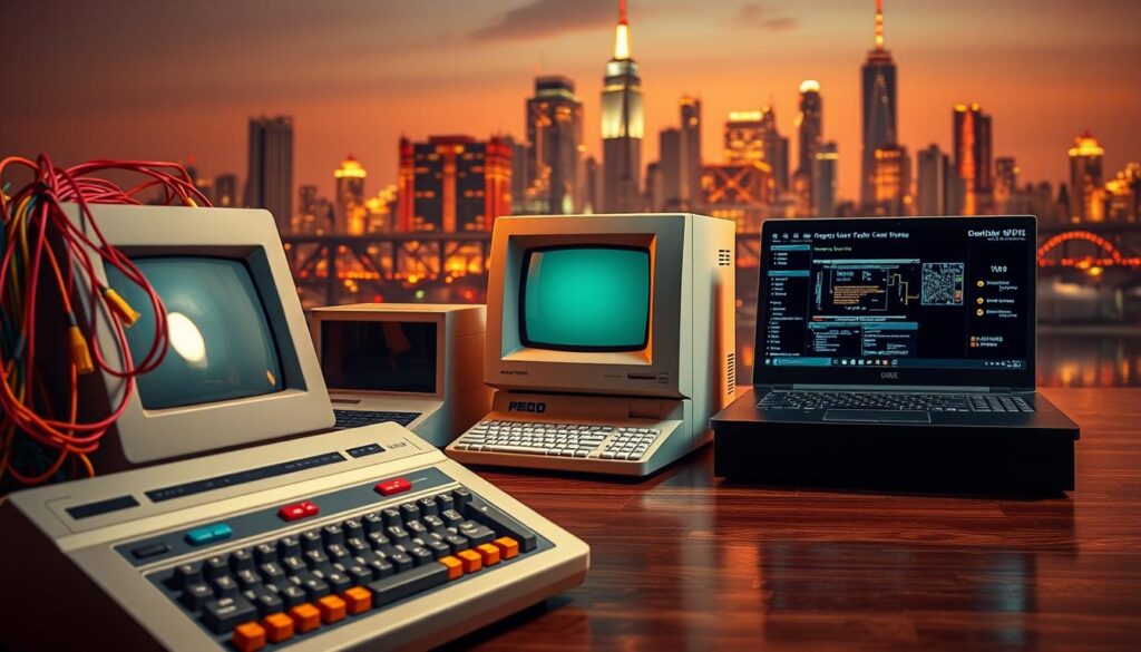A dynamic visual representation of the evolution of computer hardware, showcasing a timeline of iconic devices from early mainframes to modern laptops. In the foreground, highlight a vintage computer with large, colorful wires and buttons, depicting the 1970s era. In the middle ground, place a classic desktop PC with a CRT monitor and keyboard from the 1990s next to a sleek, contemporary laptop from the 2020s. The background should feature a digitally enhanced city skyline symbolizing modern technology and connectivity. The scene is illuminated with warm, ambient lighting to create a nostalgic yet futuristic atmosphere, captured from a slightly elevated angle to provide depth. The overall mood is reflective and inspiring, emphasizing technological progress and innovation. A dynamic visual representation of the evolution of computer hardware, showcasing a timeline of iconic devices from early mainframes to modern laptops. In the foreground, highlight a vintage computer with large, colorful wires and buttons, depicting the 1970s era. In the middle ground, place a classic desktop PC with a CRT monitor and keyboard from the 1990s next to a sleek, contemporary laptop from the 2020s. The background should feature a digitally enhanced city skyline symbolizing modern technology and connectivity. The scene is illuminated with warm, ambient lighting to create a nostalgic yet futuristic atmosphere, captured from a slightly elevated angle to provide depth. The overall mood is reflective and inspiring, emphasizing technological progress and innovation.