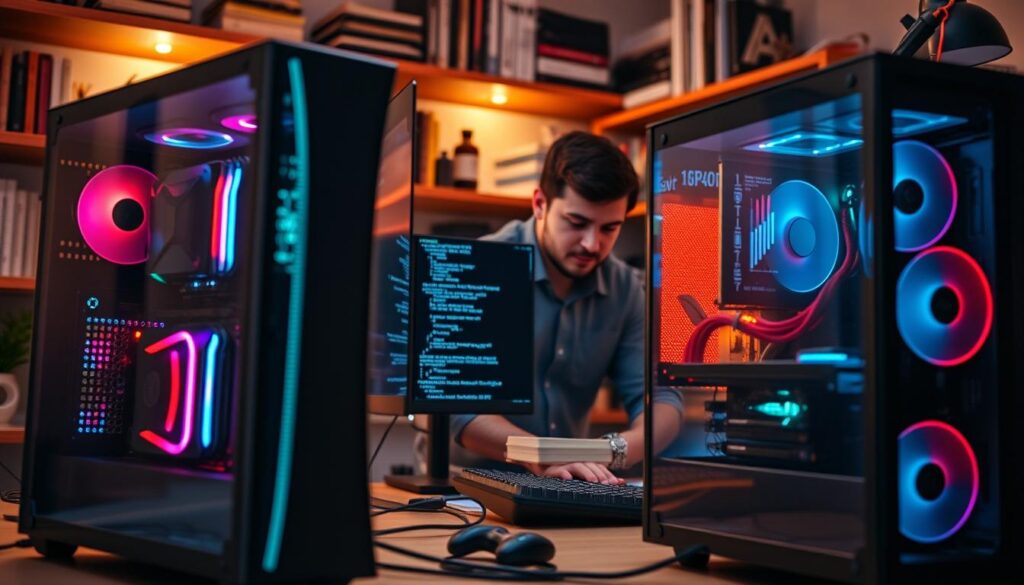 A dynamic workspace showcasing the integration of software and hardware in a modern PC setup. In the foreground, a sleek desktop computer with open panels, revealing colorful LED-lit components like a graphics card and motherboard, glows softly. In the middle, a programmer, dressed in smart casual attire, is typing on a keyboard, deeply focused. He interacts with the monitor displaying complex code and graphics, illustrating the harmony between software and hardware. The background features shelves filled with tech books and tools, under warm, ambient lighting that creates an inviting atmosphere. A slight depth of field effect emphasizes the subjects, while a clean, organized aesthetic reflects a professional environment. A dynamic workspace showcasing the integration of software and hardware in a modern PC setup. In the foreground, a sleek desktop computer with open panels, revealing colorful LED-lit components like a graphics card and motherboard, glows softly. In the middle, a programmer, dressed in smart casual attire, is typing on a keyboard, deeply focused. He interacts with the monitor displaying complex code and graphics, illustrating the harmony between software and hardware. The background features shelves filled with tech books and tools, under warm, ambient lighting that creates an inviting atmosphere. A slight depth of field effect emphasizes the subjects, while a clean, organized aesthetic reflects a professional environment.