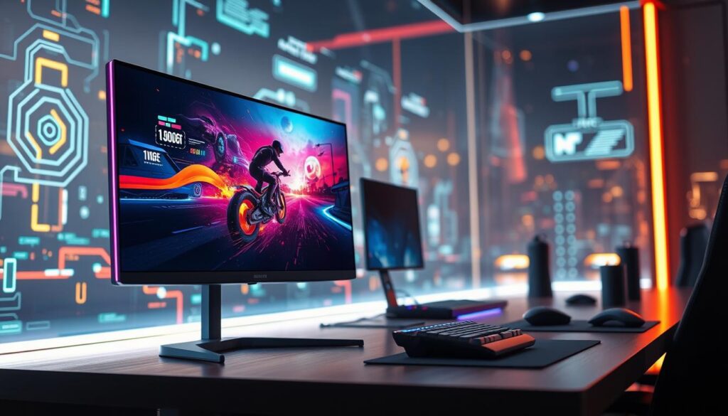 A futuristic gaming monitor, sleek and ultra-thin, set against a high-tech backdrop. In the foreground, the monitor gleams with vibrant colors showcasing a dynamic gaming scene. The screen is framed by ambient LED lighting that casts a soft glow. In the middle ground, a stylish gaming desk is adorned with the latest gaming peripherals, including a mechanical keyboard and a high-precision mouse, all reflecting a modern aesthetic. In the background, a digital landscape filled with holographic displays and advanced technology elements enhances the innovative vibe. The scene is illuminated with dramatic lighting to emphasize details and create a dynamic atmosphere, evoking excitement and cutting-edge innovation in gaming technology. The perspective is slightly angled, giving depth to the composition and highlighting the monitor as the focal point. A futuristic gaming monitor, sleek and ultra-thin, set against a high-tech backdrop. In the foreground, the monitor gleams with vibrant colors showcasing a dynamic gaming scene. The screen is framed by ambient LED lighting that casts a soft glow. In the middle ground, a stylish gaming desk is adorned with the latest gaming peripherals, including a mechanical keyboard and a high-precision mouse, all reflecting a modern aesthetic. In the background, a digital landscape filled with holographic displays and advanced technology elements enhances the innovative vibe. The scene is illuminated with dramatic lighting to emphasize details and create a dynamic atmosphere, evoking excitement and cutting-edge innovation in gaming technology. The perspective is slightly angled, giving depth to the composition and highlighting the monitor as the focal point.