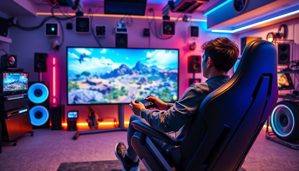 A futuristic gaming setup, showcasing an immersive user experience. In the foreground, a sleek gaming chair is positioned in front of a large, ultra-high-definition screen displaying a vibrant, realistic game scene. The user, a young adult wearing comfortable yet professional attire, is intensely focused, with a game controller in hand. In the middle layer, a dynamic game world unfolds on the screen, featuring lush landscapes, detailed character models, and interactive elements that suggest motion and life. In the background, various technological gadgets, RGB lighting, and sound equipment create an engaging atmosphere, enhanced by subtle, soft lighting that casts a warm glow. The overall mood is one of excitement and innovation, highlighting the fusion of technology and user engagement in gaming experiences. A futuristic gaming setup, showcasing an immersive user experience. In the foreground, a sleek gaming chair is positioned in front of a large, ultra-high-definition screen displaying a vibrant, realistic game scene. The user, a young adult wearing comfortable yet professional attire, is intensely focused, with a game controller in hand. In the middle layer, a dynamic game world unfolds on the screen, featuring lush landscapes, detailed character models, and interactive elements that suggest motion and life. In the background, various technological gadgets, RGB lighting, and sound equipment create an engaging atmosphere, enhanced by subtle, soft lighting that casts a warm glow. The overall mood is one of excitement and innovation, highlighting the fusion of technology and user engagement in gaming experiences.