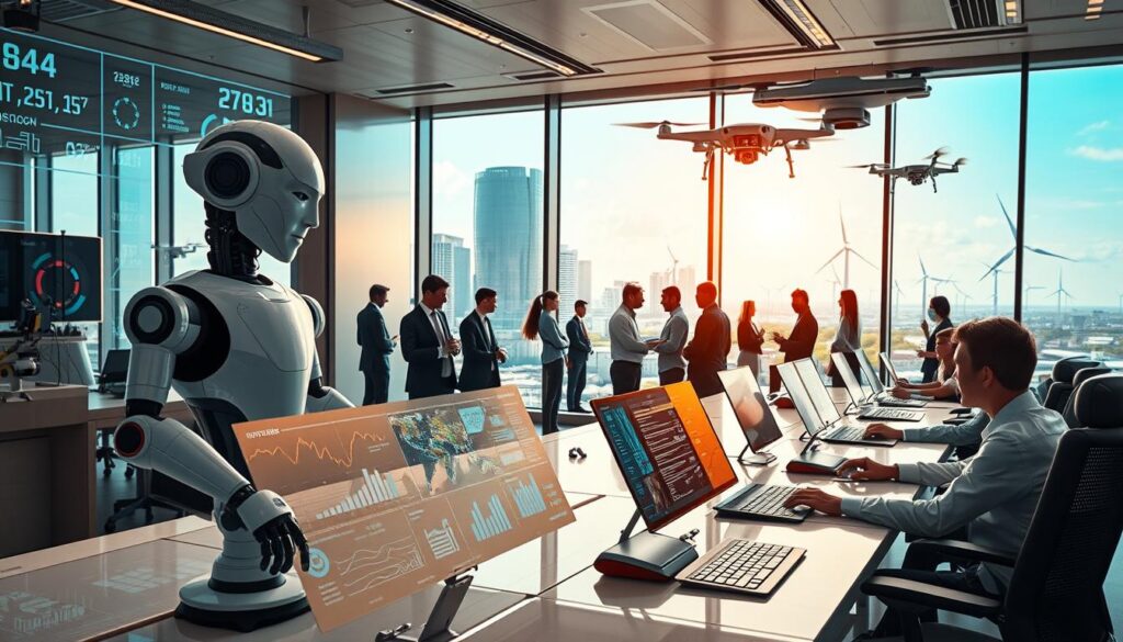 A futuristic office environment showcasing emerging technologies and automation. In the foreground, a sleek, modern workstation with transparent screens displaying data analytics and robotic assistants collaborating with professionals in business attire. In the middle, diverse teams of employees discussing innovative strategies, surrounded by advanced machines like drones and AI interfaces. The background features a large window overlooking a cityscape with intelligent buildings and renewable energy sources like solar panels and wind turbines. The atmosphere is bright and optimistic, with a warm golden light filtering through the window, highlighting the dynamic interplay between human creativity and technological advancement. Capture this scene with a wide-angle lens to emphasize the collaborative spirit of automation in the workplace. A futuristic office environment showcasing emerging technologies and automation. In the foreground, a sleek, modern workstation with transparent screens displaying data analytics and robotic assistants collaborating with professionals in business attire. In the middle, diverse teams of employees discussing innovative strategies, surrounded by advanced machines like drones and AI interfaces. The background features a large window overlooking a cityscape with intelligent buildings and renewable energy sources like solar panels and wind turbines. The atmosphere is bright and optimistic, with a warm golden light filtering through the window, highlighting the dynamic interplay between human creativity and technological advancement. Capture this scene with a wide-angle lens to emphasize the collaborative spirit of automation in the workplace.