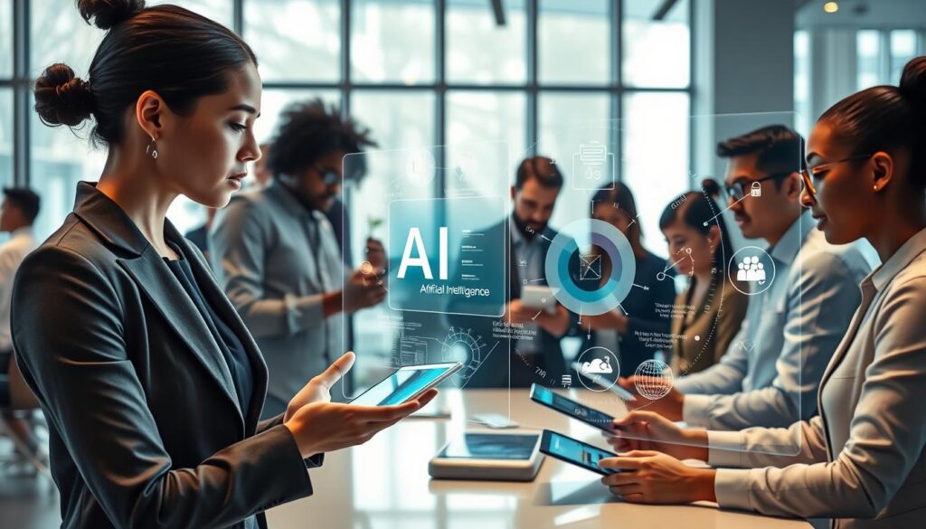 A futuristic office setting filled with diverse professionals collaborating on application development, emphasizing artificial intelligence. In the foreground, a focused young woman in business attire examines a holographic display showcasing AI algorithms and data analysis. The middle section features colleagues interacting with digital tablets, brainstorming ideas for app updates enhanced by AI features. The background displays a sleek, minimalist workspace with large windows, letting in soft natural light, which creates an inviting atmosphere. Use a wide-angle lens perspective, capturing the dynamic synergy among team members. The overall mood is innovative and forward-thinking, reflecting the transformative power of AI in the app market.