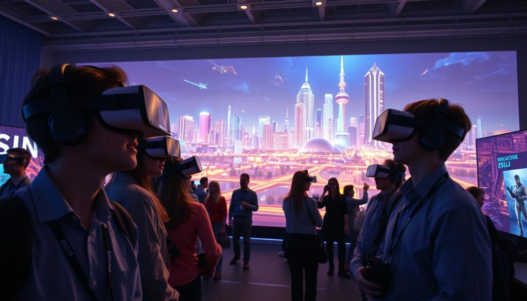 A futuristic online gaming environment transformed by artificial intelligence. In the foreground, a diverse group of gamers in professional attire, focused on their immersive experience with advanced VR headsets and haptic feedback devices. In the middle, a vibrant digital landscape filled with dynamic game elements powered by AI, showcasing intelligent NPCs interacting and adapting to player choices. The background displays a high-tech city skyline illuminated by neon lights, symbolizing innovation and connectivity. The atmosphere is energetic and engaging, with a slight glow from the screens and gentle lighting highlighting the gamers. Use a wide-angle lens to capture the expansive scene, ensuring a captivating sense of depth and creativity in the gaming world. A futuristic online gaming environment transformed by artificial intelligence. In the foreground, a diverse group of gamers in professional attire, focused on their immersive experience with advanced VR headsets and haptic feedback devices. In the middle, a vibrant digital landscape filled with dynamic game elements powered by AI, showcasing intelligent NPCs interacting and adapting to player choices. The background displays a high-tech city skyline illuminated by neon lights, symbolizing innovation and connectivity. The atmosphere is energetic and engaging, with a slight glow from the screens and gentle lighting highlighting the gamers. Use a wide-angle lens to capture the expansive scene, ensuring a captivating sense of depth and creativity in the gaming world.