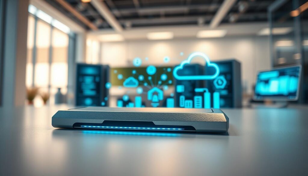 A futuristic workspace showcasing modern storage innovations, with a sleek SSD prominently displayed in the foreground, gleaming with metallic textures and illuminated by soft blue LED lights. The middle area features an array of high-tech devices, including cloud storage icons and holographic data projections, emphasizing speed and efficiency in data storage. The background depicts a softly blurred modern office, with clean lines and minimalistic design, creating a professional and innovative atmosphere. The lighting is bright yet warm, creating an inviting and sophisticated feel. The overall mood is forward-looking and optimistic, capturing the essence of cutting-edge technology in a stylish environment. A futuristic workspace showcasing modern storage innovations, with a sleek SSD prominently displayed in the foreground, gleaming with metallic textures and illuminated by soft blue LED lights. The middle area features an array of high-tech devices, including cloud storage icons and holographic data projections, emphasizing speed and efficiency in data storage. The background depicts a softly blurred modern office, with clean lines and minimalistic design, creating a professional and innovative atmosphere. The lighting is bright yet warm, creating an inviting and sophisticated feel. The overall mood is forward-looking and optimistic, capturing the essence of cutting-edge technology in a stylish environment.