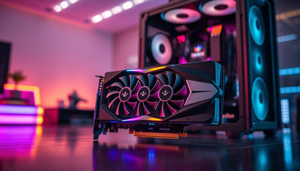 A high-tech graphics card (placa de vídeo) displayed prominently in the foreground, showcasing its intricate cooling fans, sleek metallic casing, and colorful RGB lighting. In the middle ground, a modern computer setup with an open case reveals the graphics card installed on the motherboard, with wires neatly organized. The background features a softly lit room with ambient LED lights, emphasizing a tech-savvy atmosphere. The image uses soft focus on the background to draw attention to the graphics card while creating depth. The lighting is dramatic, highlighting the card's details with a slight reflection on its surface. The overall mood is innovative and professional, suitable for a technology-focused article. A high-tech graphics card (placa de vídeo) displayed prominently in the foreground, showcasing its intricate cooling fans, sleek metallic casing, and colorful RGB lighting. In the middle ground, a modern computer setup with an open case reveals the graphics card installed on the motherboard, with wires neatly organized. The background features a softly lit room with ambient LED lights, emphasizing a tech-savvy atmosphere. The image uses soft focus on the background to draw attention to the graphics card while creating depth. The lighting is dramatic, highlighting the card's details with a slight reflection on its surface. The overall mood is innovative and professional, suitable for a technology-focused article.