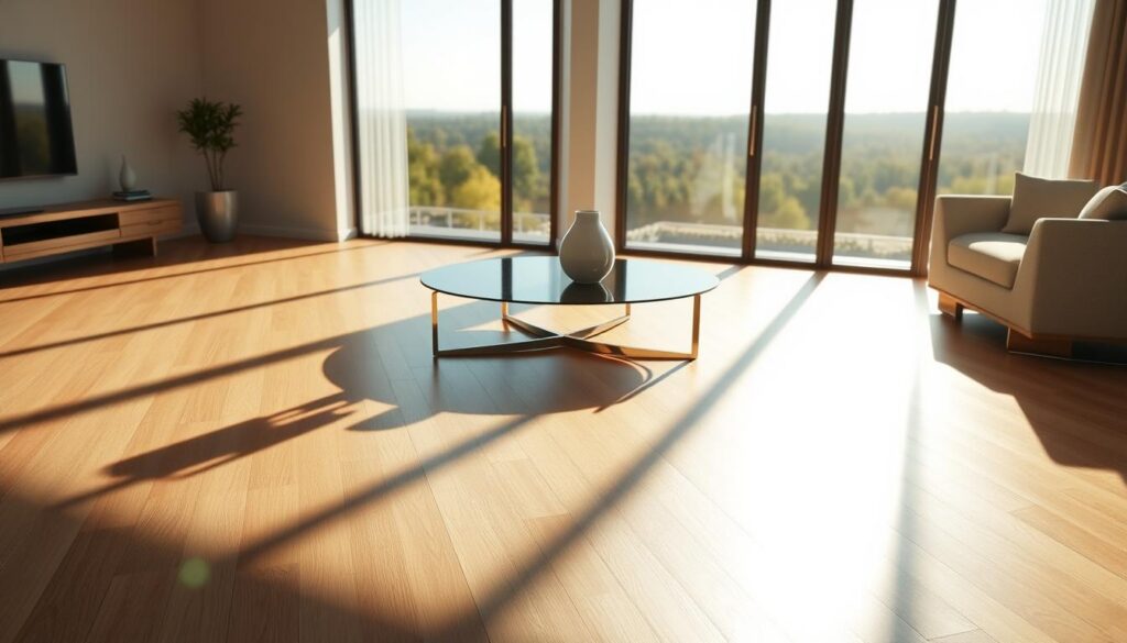 A highly detailed 3D scene showcasing the distribution of lighting and shadows using ray tracing technology. In the foreground, a sleek modern room with polished wooden floors and minimalist furniture is illuminated by a large, floor-to-ceiling window, casting intricate shadows across the surface. The middle layer features a stylish coffee table with an elegant vase, reflecting the natural light and creating soft diffused shadows. In the background, a scenic view outside depicts a vibrant landscape, with sunlight filtering through the trees. The lighting is warm and inviting, accentuating the textures and details of the room, while the overall atmosphere is calm and sophisticated. The composition captures the essence of ray tracing, emphasizing realistic illumination and shadow interplay, without text or other distractions. A highly detailed 3D scene showcasing the distribution of lighting and shadows using ray tracing technology. In the foreground, a sleek modern room with polished wooden floors and minimalist furniture is illuminated by a large, floor-to-ceiling window, casting intricate shadows across the surface. The middle layer features a stylish coffee table with an elegant vase, reflecting the natural light and creating soft diffused shadows. In the background, a scenic view outside depicts a vibrant landscape, with sunlight filtering through the trees. The lighting is warm and inviting, accentuating the textures and details of the room, while the overall atmosphere is calm and sophisticated. The composition captures the essence of ray tracing, emphasizing realistic illumination and shadow interplay, without text or other distractions.