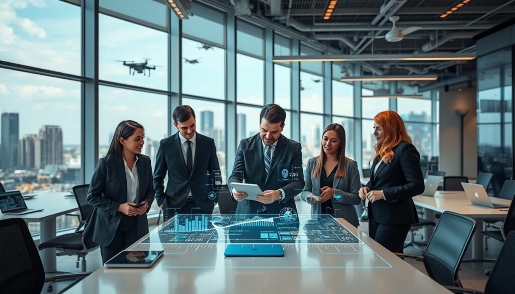 A modern corporate office environment, showcasing the impact of digital transformation. In the foreground, a diverse group of professionals in business attire collaborate over a digital tablet and futuristic holographic displays, illustrating data analytics and project management software. The middle ground features sleek, minimalist desks with laptops and smart devices, emphasizing connectivity. In the background, large windows reveal a vibrant city skyline, with digital billboards and drones. Soft, natural lighting floods the space, creating an open and innovative atmosphere. The composition should be dynamic, with a slight low angle to emphasize the professionals engaged in forward-thinking discussions. Overall, the mood is energetic and progressive, reflecting the advancements in technology within a corporate setting. A modern corporate office environment, showcasing the impact of digital transformation. In the foreground, a diverse group of professionals in business attire collaborate over a digital tablet and futuristic holographic displays, illustrating data analytics and project management software. The middle ground features sleek, minimalist desks with laptops and smart devices, emphasizing connectivity. In the background, large windows reveal a vibrant city skyline, with digital billboards and drones. Soft, natural lighting floods the space, creating an open and innovative atmosphere. The composition should be dynamic, with a slight low angle to emphasize the professionals engaged in forward-thinking discussions. Overall, the mood is energetic and progressive, reflecting the advancements in technology within a corporate setting.