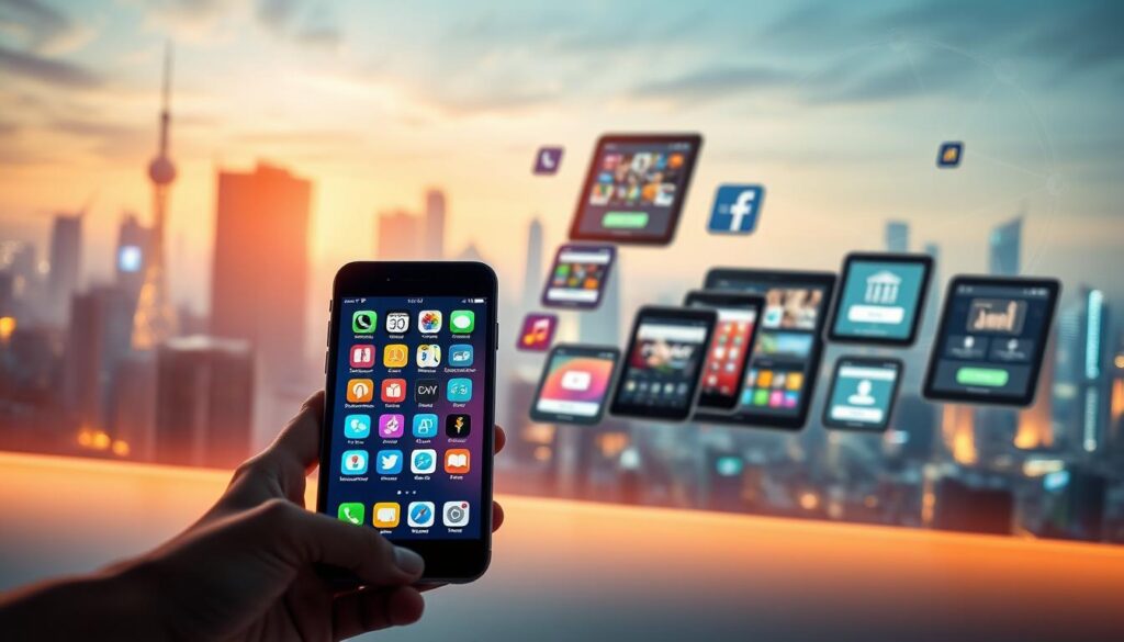 A modern digital landscape showcasing various app distribution platforms. In the foreground, a sleek smartphone displaying a colorful app interface with app icons for popular free applications. In the middle ground, a stylized layout of diverse virtual app stores, represented by floating tablet screens featuring graphical elements of download buttons and user ratings. The background features a cityscape with hints of technology, like towering data servers and glowing internet lines. The scene is illuminated by soft, ambient light, creating a warm, inviting atmosphere that reflects innovation and accessibility. The angle is slightly tilted to add dynamism, emphasizing the connection between users and technology. A modern digital landscape showcasing various app distribution platforms. In the foreground, a sleek smartphone displaying a colorful app interface with app icons for popular free applications. In the middle ground, a stylized layout of diverse virtual app stores, represented by floating tablet screens featuring graphical elements of download buttons and user ratings. The background features a cityscape with hints of technology, like towering data servers and glowing internet lines. The scene is illuminated by soft, ambient light, creating a warm, inviting atmosphere that reflects innovation and accessibility. The angle is slightly tilted to add dynamism, emphasizing the connection between users and technology.