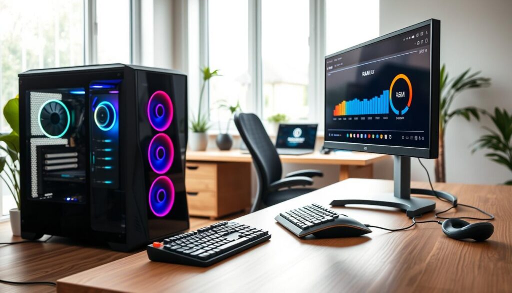 A modern home office setup showcasing the ideal computer configuration for various uses. In the foreground, a sleek desktop PC tower with illuminated RGB lighting and a high-resolution monitor displaying a RAM usage chart. A mechanical keyboard and an ergonomic mouse lie on a stylish wooden desk, paired with a comfortable office chair. In the middle ground, an organized workspace featuring tech gadgets like a tablet and headphones. The background has a bright, airy room with large windows allowing natural light to flood in, complemented by light greenery for a fresh atmosphere. Shot from a slightly elevated angle with soft, diffused lighting, creating a relaxed and inspiring environment for productivity and technology enthusiasts. A modern home office setup showcasing the ideal computer configuration for various uses. In the foreground, a sleek desktop PC tower with illuminated RGB lighting and a high-resolution monitor displaying a RAM usage chart. A mechanical keyboard and an ergonomic mouse lie on a stylish wooden desk, paired with a comfortable office chair. In the middle ground, an organized workspace featuring tech gadgets like a tablet and headphones. The background has a bright, airy room with large windows allowing natural light to flood in, complemented by light greenery for a fresh atmosphere. Shot from a slightly elevated angle with soft, diffused lighting, creating a relaxed and inspiring environment for productivity and technology enthusiasts.