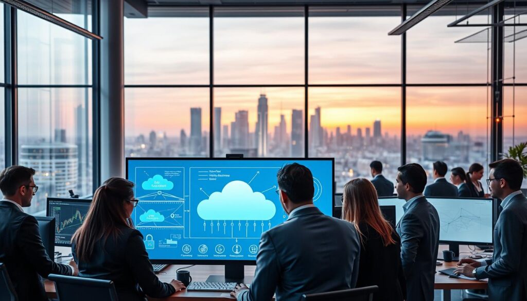 A modern office environment filled with professionals in business attire, collaborating on implementing cloud computing solutions. In the foreground, a diverse team is gathered around a large digital screen displaying complex graphs and cloud architectures, engaged in a discussion. The middle section shows a mix of computers and cloud diagrams, with icons representing data security and networking challenges. The background reveals a futuristic city skyline through large glass windows, symbolizing innovation and growth. Soft, ambient lighting creates a focus on the team, with warm tones to enhance the professional atmosphere. The image captures the essence of challenges in cloud implementation, highlighting teamwork, technology, and strategic planning. A modern office environment filled with professionals in business attire, collaborating on implementing cloud computing solutions. In the foreground, a diverse team is gathered around a large digital screen displaying complex graphs and cloud architectures, engaged in a discussion. The middle section shows a mix of computers and cloud diagrams, with icons representing data security and networking challenges. The background reveals a futuristic city skyline through large glass windows, symbolizing innovation and growth. Soft, ambient lighting creates a focus on the team, with warm tones to enhance the professional atmosphere. The image captures the essence of challenges in cloud implementation, highlighting teamwork, technology, and strategic planning.