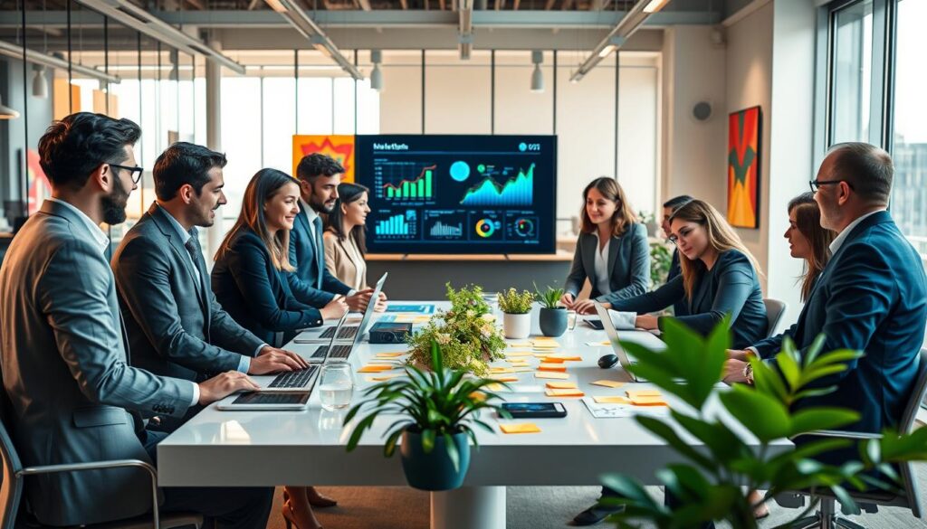A modern office environment showcasing innovation and organizational culture in the digital era. In the foreground, a diverse group of professionals dressed in business attire engage in a dynamic brainstorming session around a sleek table filled with digital devices and sticky notes. The middle ground features a large digital screen displaying data analytics and creative ideas, surrounded by plants to enhance the atmosphere. The background shows a bright, open space with glass walls and vibrant artwork, symbolizing creativity and collaboration. Soft, natural lighting streams through large windows, highlighting the productive energy and fostering an atmosphere of teamwork and forward-thinking. The overall mood is vibrant and inspiring, reflecting the transformative power of digital innovation in the workplace. A modern office environment showcasing innovation and organizational culture in the digital era. In the foreground, a diverse group of professionals dressed in business attire engage in a dynamic brainstorming session around a sleek table filled with digital devices and sticky notes. The middle ground features a large digital screen displaying data analytics and creative ideas, surrounded by plants to enhance the atmosphere. The background shows a bright, open space with glass walls and vibrant artwork, symbolizing creativity and collaboration. Soft, natural lighting streams through large windows, highlighting the productive energy and fostering an atmosphere of teamwork and forward-thinking. The overall mood is vibrant and inspiring, reflecting the transformative power of digital innovation in the workplace.