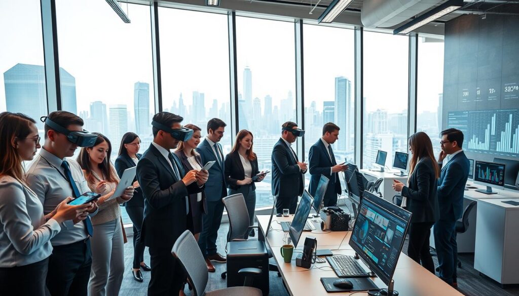 A modern office environment showcasing innovation and technological tools transforming businesses. In the foreground, a diverse group of professionals in formal business attire collaboratively engages with advanced devices like tablets, laptops, and interactive displays. In the middle ground, sleek workstations feature cutting-edge technology, including virtual reality headsets and digital dashboards displaying data analytics. The background displays large windows with a city skyline, filled with futuristic skyscrapers, under bright, natural lighting. The atmosphere is dynamic and inspiring, conveying a sense of teamwork and creativity. Capture this scene from a slightly elevated angle, allowing a view of both the engaged individuals and the high-tech surroundings, emphasizing the theme of progress in the workplace. A modern office environment showcasing innovation and technological tools transforming businesses. In the foreground, a diverse group of professionals in formal business attire collaboratively engages with advanced devices like tablets, laptops, and interactive displays. In the middle ground, sleek workstations feature cutting-edge technology, including virtual reality headsets and digital dashboards displaying data analytics. The background displays large windows with a city skyline, filled with futuristic skyscrapers, under bright, natural lighting. The atmosphere is dynamic and inspiring, conveying a sense of teamwork and creativity. Capture this scene from a slightly elevated angle, allowing a view of both the engaged individuals and the high-tech surroundings, emphasizing the theme of progress in the workplace.