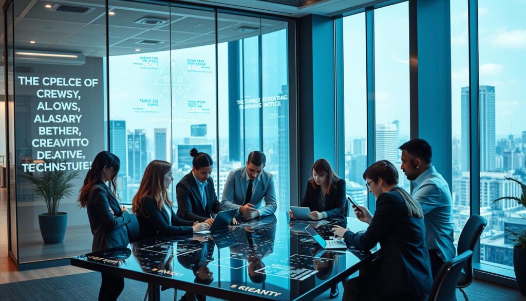 A modern office environment that embodies innovation and digital culture within a company. In the foreground, a diverse group of professionals in smart business attire collaborate around a high-tech table, engaging with digital devices and holographic displays. The middle ground features sleek glass walls adorned with digital art and motivational quotes about creativity and technology. In the background, large windows allow natural light to flood in, revealing a dynamic city skyline. The atmosphere is vibrant and inspiring, filled with a sense of energy and collaboration. Use soft yet focused lighting to enhance the modern aesthetic, with a slight depth of field to draw attention to the team working intently together, showcasing the challenges and opportunities of digital transformation. A modern office environment that embodies innovation and digital culture within a company. In the foreground, a diverse group of professionals in smart business attire collaborate around a high-tech table, engaging with digital devices and holographic displays. The middle ground features sleek glass walls adorned with digital art and motivational quotes about creativity and technology. In the background, large windows allow natural light to flood in, revealing a dynamic city skyline. The atmosphere is vibrant and inspiring, filled with a sense of energy and collaboration. Use soft yet focused lighting to enhance the modern aesthetic, with a slight depth of field to draw attention to the team working intently together, showcasing the challenges and opportunities of digital transformation.
