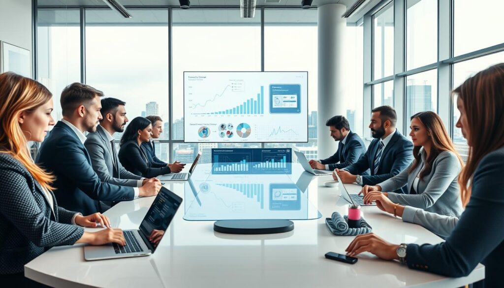 A modern office space bustling with activity, focused on efficient technology solutions for businesses. In the foreground, a group of diverse professionals in business attire collaborate around a sleek conference table, engaged in discussing digital tools displayed on laptops and tablets. The middle ground showcases a high-tech presentation screen with graphs and data visualizations, emphasizing operational efficiency. In the background, large windows reveal a vibrant city skyline, illuminated by natural light. The atmosphere is dynamic and innovative, conveying a sense of progress and professionalism. Use bright, white lighting to enhance clarity and a modern lens perspective to create depth. The image reflects a theme of technology reducing operational costs for companies. A modern office space bustling with activity, focused on efficient technology solutions for businesses. In the foreground, a group of diverse professionals in business attire collaborate around a sleek conference table, engaged in discussing digital tools displayed on laptops and tablets. The middle ground showcases a high-tech presentation screen with graphs and data visualizations, emphasizing operational efficiency. In the background, large windows reveal a vibrant city skyline, illuminated by natural light. The atmosphere is dynamic and innovative, conveying a sense of progress and professionalism. Use bright, white lighting to enhance clarity and a modern lens perspective to create depth. The image reflects a theme of technology reducing operational costs for companies.