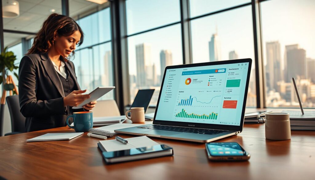 A modern office space showcasing practical applications for productivity. In the foreground, a sleek laptop with an open productivity app displaying a colorful dashboard filled with tasks and graphs. To the left, a professional, diverse businesswoman in smart attire, intently analyzing data on the screen, demonstrating focused engagement. In the middle, a large wooden desk cluttered with productivity tools like a planner, a coffee mug, and a smartphone displaying a to-do list app. In the background, large windows reveal a bright city skyline, softly illuminated by morning light, creating a vibrant yet calm atmosphere. The lighting is warm, suggesting a sense of motivation and productivity in the workspace, captured with a wide-angle lens for an immersive effect. A modern office space showcasing practical applications for productivity. In the foreground, a sleek laptop with an open productivity app displaying a colorful dashboard filled with tasks and graphs. To the left, a professional, diverse businesswoman in smart attire, intently analyzing data on the screen, demonstrating focused engagement. In the middle, a large wooden desk cluttered with productivity tools like a planner, a coffee mug, and a smartphone displaying a to-do list app. In the background, large windows reveal a bright city skyline, softly illuminated by morning light, creating a vibrant yet calm atmosphere. The lighting is warm, suggesting a sense of motivation and productivity in the workspace, captured with a wide-angle lens for an immersive effect.