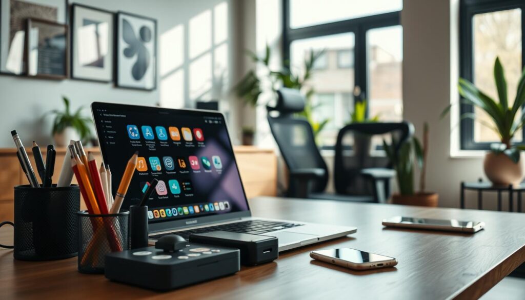 A modern office workspace filled with productivity tools, prominently featuring a sleek laptop displaying various productivity apps on the screen. In the foreground, a stylish desk organizer holds neatly arranged stationery and a smartphone with reminder notifications visible. The middle ground showcases a comfortable ergonomic chair beside a large window that allows natural light to flood in, casting soft shadows across the room. The background includes minimalist wall art and potted plants that enhance the atmosphere of focus and efficiency. The scene is well-lit with a warm and inviting tone, captured from a slightly elevated angle to showcase the entire workspace. The overall mood conveys inspiration and motivation, ideal for enhancing productivity and organization in everyday life. A modern office workspace filled with productivity tools, prominently featuring a sleek laptop displaying various productivity apps on the screen. In the foreground, a stylish desk organizer holds neatly arranged stationery and a smartphone with reminder notifications visible. The middle ground showcases a comfortable ergonomic chair beside a large window that allows natural light to flood in, casting soft shadows across the room. The background includes minimalist wall art and potted plants that enhance the atmosphere of focus and efficiency. The scene is well-lit with a warm and inviting tone, captured from a slightly elevated angle to showcase the entire workspace. The overall mood conveys inspiration and motivation, ideal for enhancing productivity and organization in everyday life.