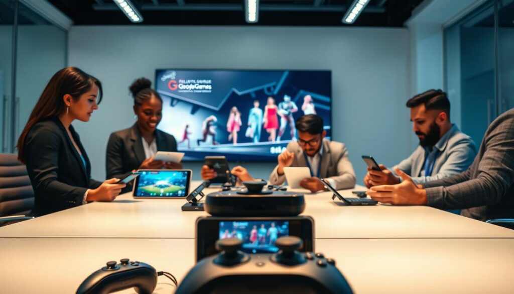 A modern workspace featuring a diverse group of professionals, including a Black woman and a Hispanic man, engaged in a collaborative session around a sleek conference table. They are reviewing various devices such as tablets and smartphones, showcasing Google Play Games integration on their screens. Bright ambient lighting illuminates the room, creating a vibrant atmosphere. In the background, a large digital screen displays dynamic graphics of video game evolution over the years. The foreground includes a stack of gaming peripherals, symbolizing the journey of gaming from classic to modern. The overall mood is focused and innovative, capturing the essence of technology advancement in gaming. Use a wide-angle lens to emphasize the interaction among the team and the tech around them. A modern workspace featuring a diverse group of professionals, including a Black woman and a Hispanic man, engaged in a collaborative session around a sleek conference table. They are reviewing various devices such as tablets and smartphones, showcasing Google Play Games integration on their screens. Bright ambient lighting illuminates the room, creating a vibrant atmosphere. In the background, a large digital screen displays dynamic graphics of video game evolution over the years. The foreground includes a stack of gaming peripherals, symbolizing the journey of gaming from classic to modern. The overall mood is focused and innovative, capturing the essence of technology advancement in gaming. Use a wide-angle lens to emphasize the interaction among the team and the tech around them.