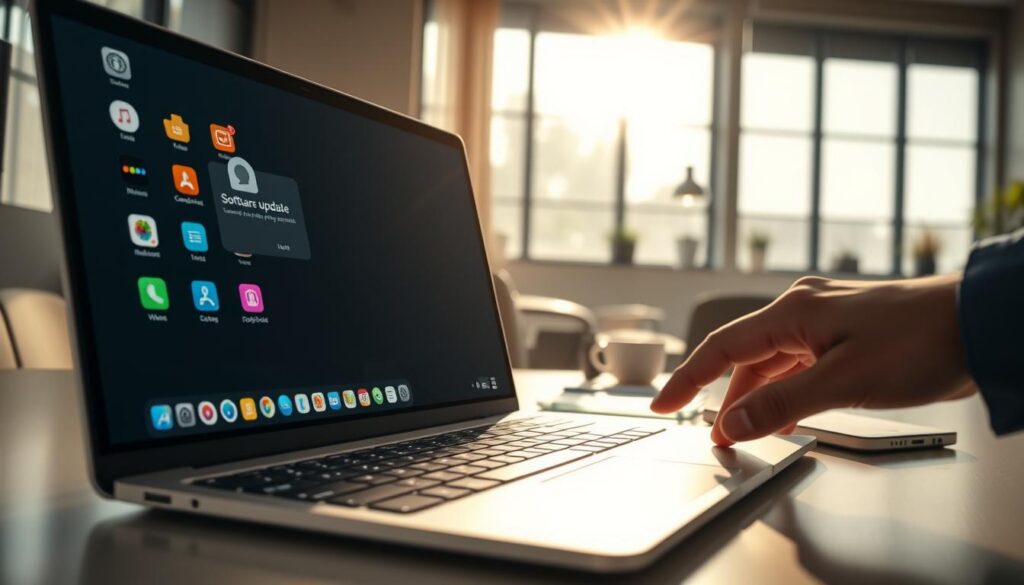 A modern workspace featuring a sleek laptop displaying software update notifications on the screen, with colorful app icons surrounding the workspace. In the foreground, a hand is reaching towards the touchpad, hinting at user interaction. The middle ground includes a beautifully arranged desk with a smartphone, a cup of coffee, and a notepad, emphasizing organization and productivity. The background reveals a bright window, allowing natural sunlight to stream in, creating a warm and inviting atmosphere. The lighting is soft and uplifting, suggesting a sense of security and readiness for updates. The overall mood is professional and focused, reflecting the theme of the importance of keeping systems and applications updated. A modern workspace featuring a sleek laptop displaying software update notifications on the screen, with colorful app icons surrounding the workspace. In the foreground, a hand is reaching towards the touchpad, hinting at user interaction. The middle ground includes a beautifully arranged desk with a smartphone, a cup of coffee, and a notepad, emphasizing organization and productivity. The background reveals a bright window, allowing natural sunlight to stream in, creating a warm and inviting atmosphere. The lighting is soft and uplifting, suggesting a sense of security and readiness for updates. The overall mood is professional and focused, reflecting the theme of the importance of keeping systems and applications updated.