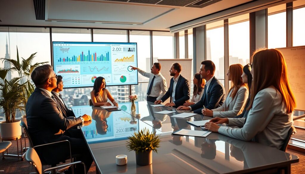 A professional office setting illustrating data integration and strategic analysis. In the foreground, a diverse group of business people of various ethnicities in formal business attire are gathered around a sleek conference table, engaged in a discussion. Some are pointing at a large digital screen displaying colorful data visualizations and charts. In the middle ground, modern office elements like glass walls, plants, and a whiteboard with notes create a collaborative atmosphere. The background features a city skyline visible through large windows, bathed in warm, natural light, emphasizing an overview of the urban landscape. The mood conveys energy and focus, highlighting teamwork and innovation in a high-tech environment, captured with a wide-angle lens for depth and clarity. A professional office setting illustrating data integration and strategic analysis. In the foreground, a diverse group of business people of various ethnicities in formal business attire are gathered around a sleek conference table, engaged in a discussion. Some are pointing at a large digital screen displaying colorful data visualizations and charts. In the middle ground, modern office elements like glass walls, plants, and a whiteboard with notes create a collaborative atmosphere. The background features a city skyline visible through large windows, bathed in warm, natural light, emphasizing an overview of the urban landscape. The mood conveys energy and focus, highlighting teamwork and innovation in a high-tech environment, captured with a wide-angle lens for depth and clarity.