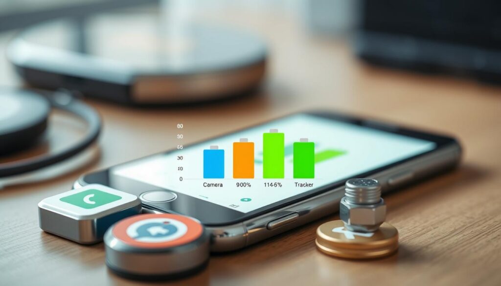 A sleek, informative image depicting a comparison of popular mobile applications and their key features. In the foreground, feature icons for various apps such as a battery icon, camera, social media, and fitness tracker, arranged in a visually engaging way. The middle section includes a graph or chart illustrating battery consumption percentages for each app, with vibrant, contrasting colors for clarity. The background shows a blurred smartphone with a bright, clean interface, hinting at a modern tech environment. Use a soft, natural light to create an inviting atmosphere, giving a sense of professionalism. Unique lens angles can emphasize depth, enhancing the technical feel of the scene. The composition should evoke a sense of analysis and discovery, perfect for an informative article. A sleek, informative image depicting a comparison of popular mobile applications and their key features. In the foreground, feature icons for various apps such as a battery icon, camera, social media, and fitness tracker, arranged in a visually engaging way. The middle section includes a graph or chart illustrating battery consumption percentages for each app, with vibrant, contrasting colors for clarity. The background shows a blurred smartphone with a bright, clean interface, hinting at a modern tech environment. Use a soft, natural light to create an inviting atmosphere, giving a sense of professionalism. Unique lens angles can emphasize depth, enhancing the technical feel of the scene. The composition should evoke a sense of analysis and discovery, perfect for an informative article.