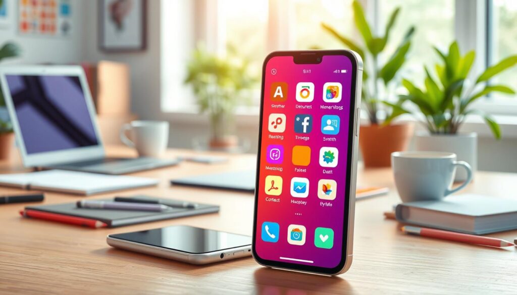 A vibrant and dynamic workspace illustration showcasing various mobile applications that simplify daily routines. In the foreground, a sleek smartphone displays colorful app icons representing productivity tools, calendars, and fitness trackers. In the middle ground, a modern desk with a laptop, stationery, and a coffee cup adds a touch of warmth and realism. In the background, a bright window with daylight streaming in creates an inviting atmosphere, while green plants enhance the refreshing vibe. The scene captures a sense of organization and efficiency, with a slight focus on the phone in a shallow depth of field. The lighting is soft and natural, evoking a positive and motivating mood, ideal for harnessing the power of technology in everyday life. A vibrant and dynamic workspace illustration showcasing various mobile applications that simplify daily routines. In the foreground, a sleek smartphone displays colorful app icons representing productivity tools, calendars, and fitness trackers. In the middle ground, a modern desk with a laptop, stationery, and a coffee cup adds a touch of warmth and realism. In the background, a bright window with daylight streaming in creates an inviting atmosphere, while green plants enhance the refreshing vibe. The scene captures a sense of organization and efficiency, with a slight focus on the phone in a shallow depth of field. The lighting is soft and natural, evoking a positive and motivating mood, ideal for harnessing the power of technology in everyday life.