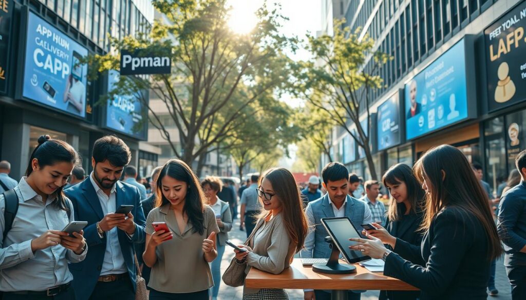 A vibrant urban scene illustrating the impact of mobile applications on daily life and the economy. In the foreground, a diverse group of professionals in smart casual attire, engaged with their smartphones and tablets, showcasing various apps for productivity, finance, and social networking. In the middle ground, a bustling café setting where customers utilize apps for food delivery and payment, with a barista using a point-of-sale system on a tablet. The background features modern buildings with digital advertisements promoting app services. Soft, natural lighting from the sun filtering through trees, casting gentle shadows. The atmosphere is lively and dynamic, reflecting innovation and connectivity in everyday activities. A vibrant urban scene illustrating the impact of mobile applications on daily life and the economy. In the foreground, a diverse group of professionals in smart casual attire, engaged with their smartphones and tablets, showcasing various apps for productivity, finance, and social networking. In the middle ground, a bustling café setting where customers utilize apps for food delivery and payment, with a barista using a point-of-sale system on a tablet. The background features modern buildings with digital advertisements promoting app services. Soft, natural lighting from the sun filtering through trees, casting gentle shadows. The atmosphere is lively and dynamic, reflecting innovation and connectivity in everyday activities.